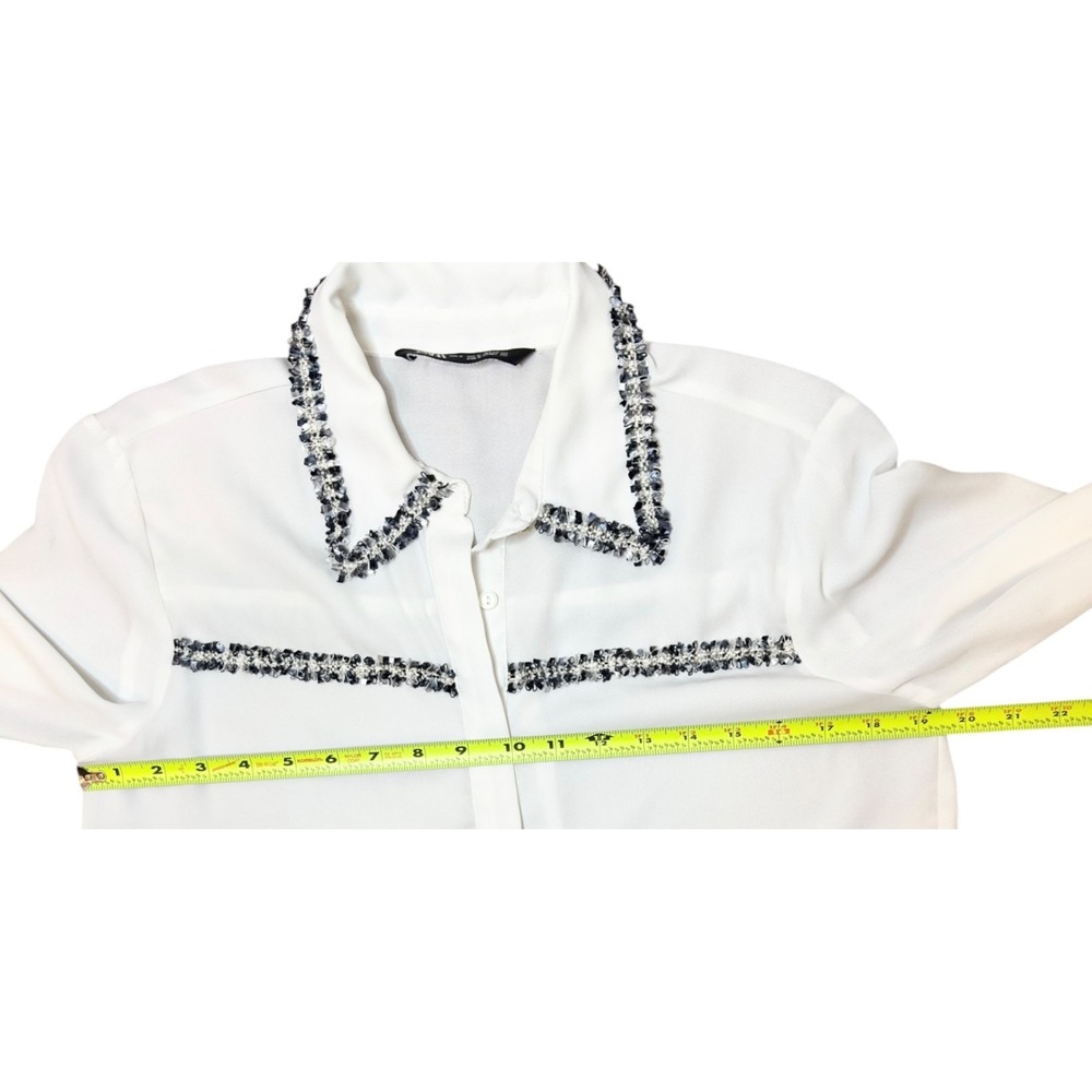 ZARA Women's Ivory Sheer Blouse Tweed Trim Long Sleeve Office Chic Classic S - Picture 15 of 15